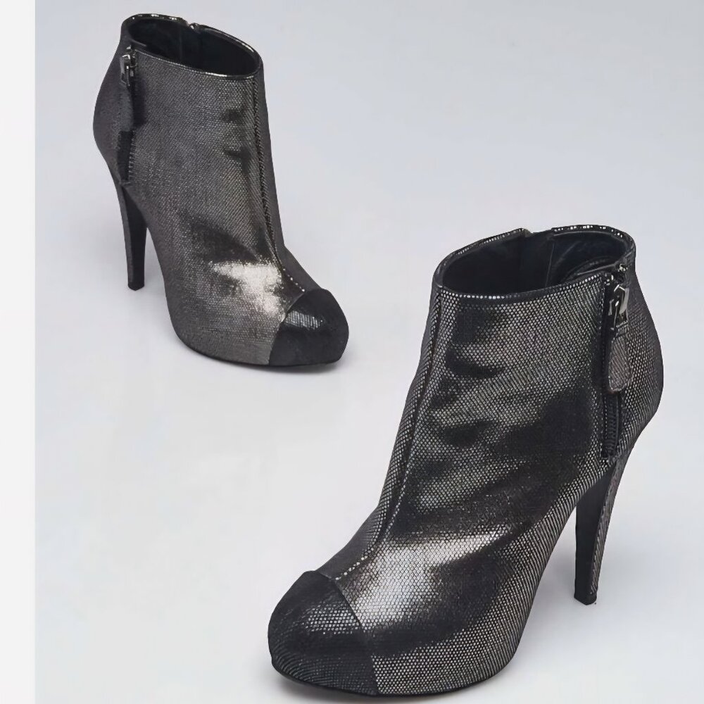 Chanel Silver Metallic Leather Cap Toe Ankle Boots